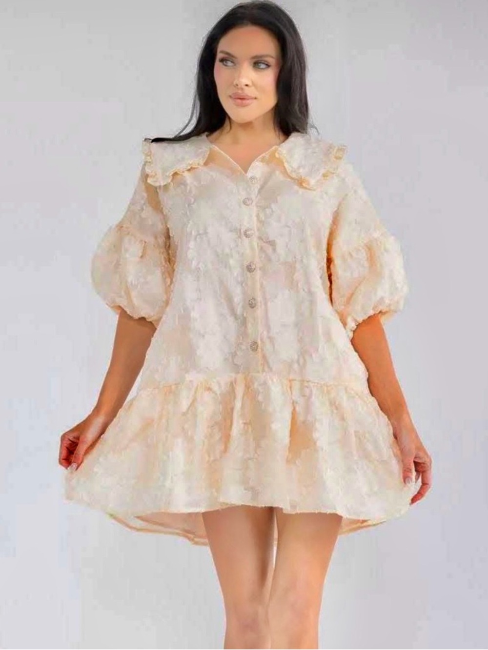 Cream Textured Ruffle Mini Dress